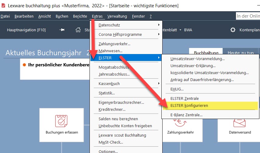 Lern-Ware Lexware® Buchhaltung Plus in LFo PLus Elster Konfiguration aufrufen